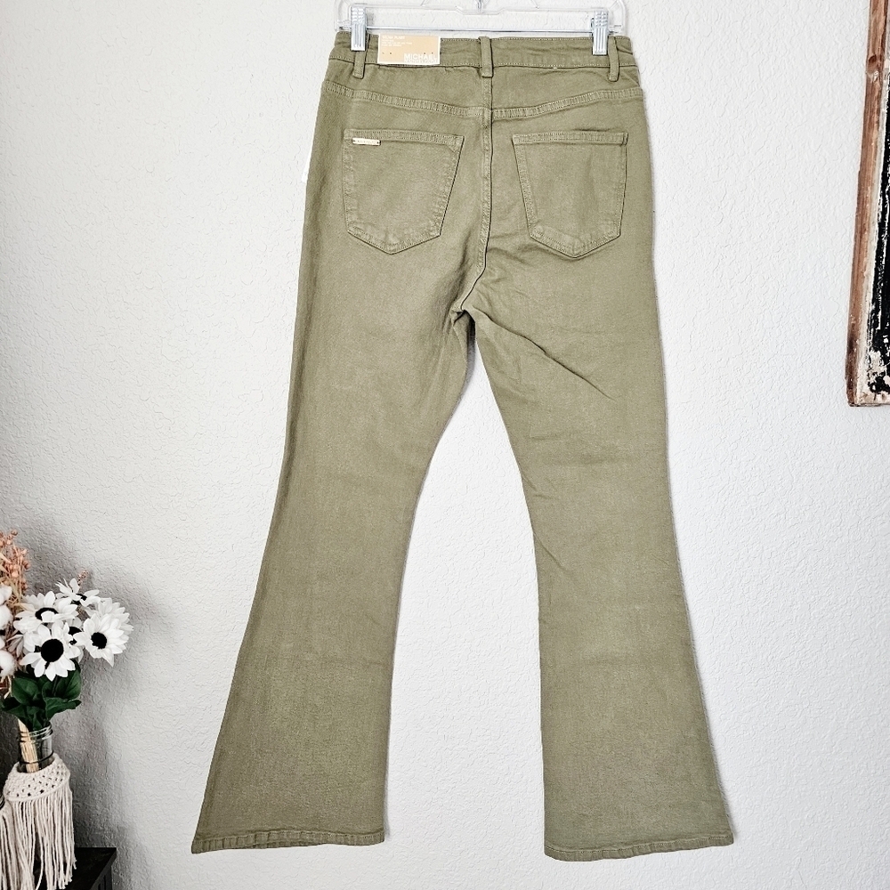 MICHAEL Michael Kors High Rise Selma Flare Jeans Olive Green Retro Stretch 6 NEW - Picture 9 of 13
